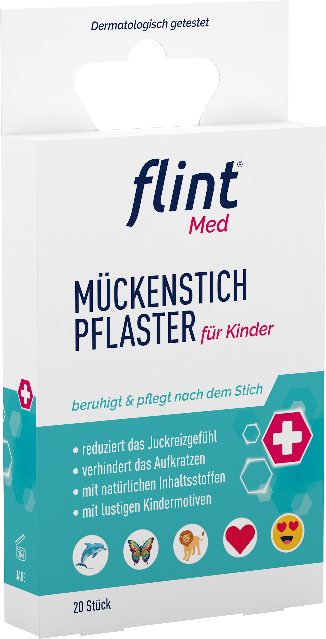 03022025_flintmed-PflasterMueckenstich-07_links Produktabbildung der Verpackung der flint Med Mückenstich Pflaster