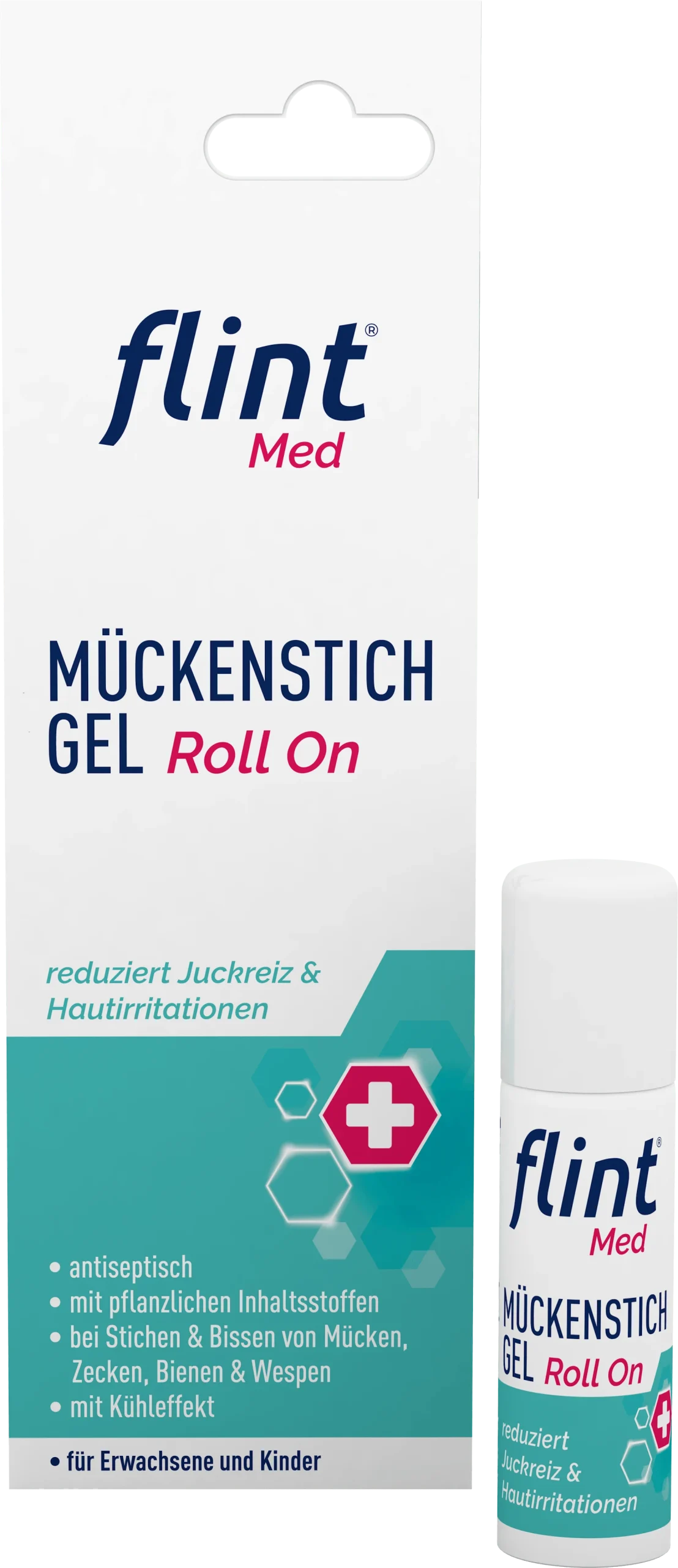 flint Med Mückenstich Gel Roll On FS Stift Front-min-1 Abbildung Vorderseite flint Med Mückenstich Gel Faltschachtel + Roll On