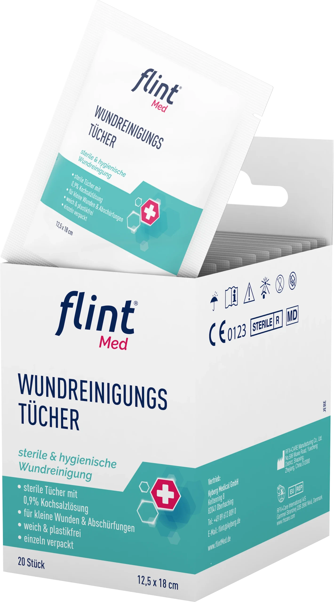 Produktbild flint Med Wundreinigungstücher geöffnete Umverpackung und Sachet von vorne rechts