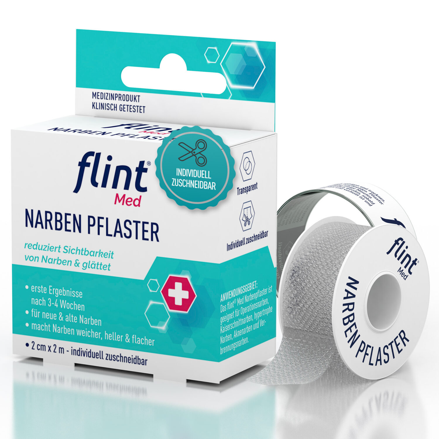 flint® Med Narbenpflaster: Faltschachtel und aufgerollte transparente Pflasterrolle