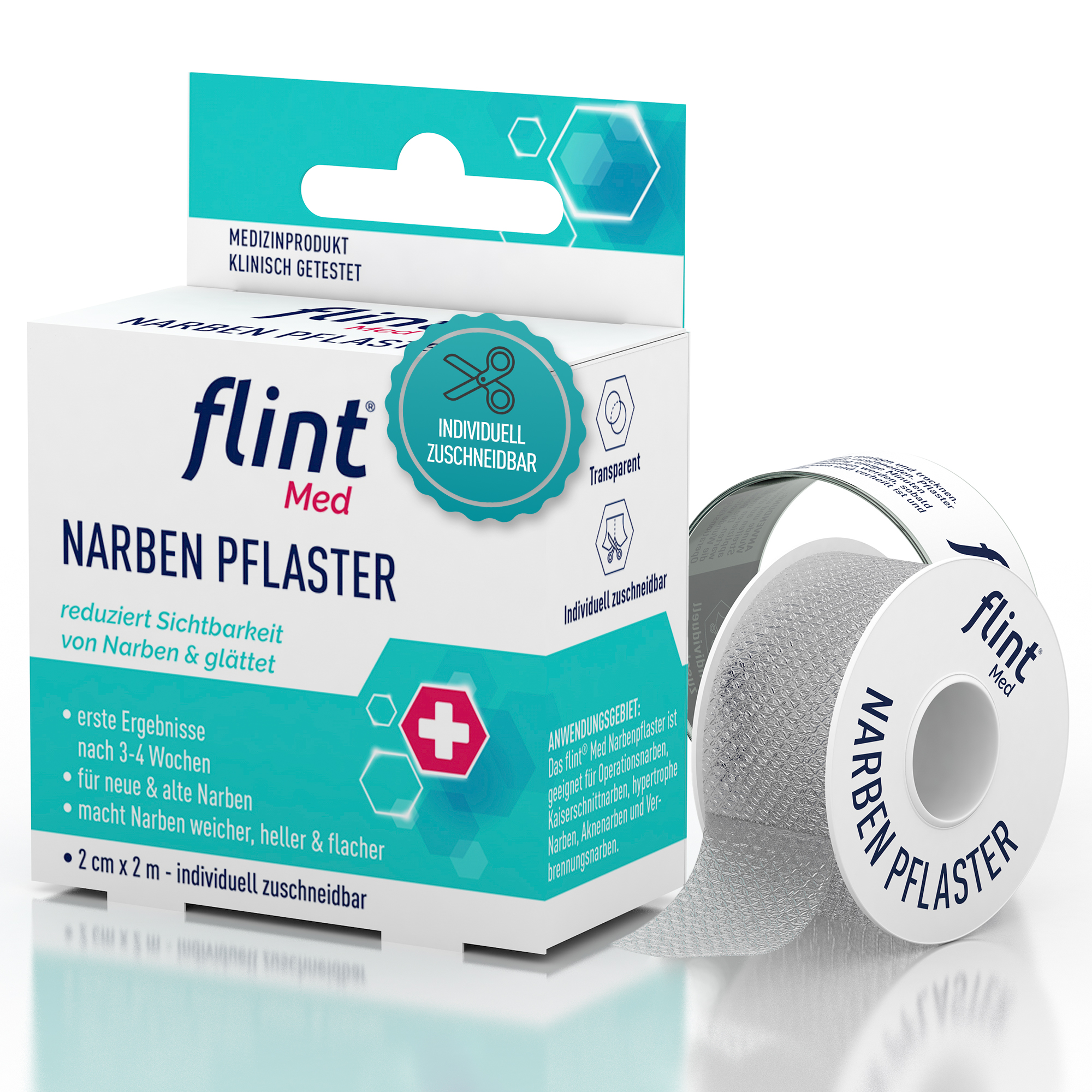 01_Titelbild_FlintMed_Narbenpflaster_a flint Med Narbenpflaster: Faltschachtel und aufgerollte transparente Pflasterrolle