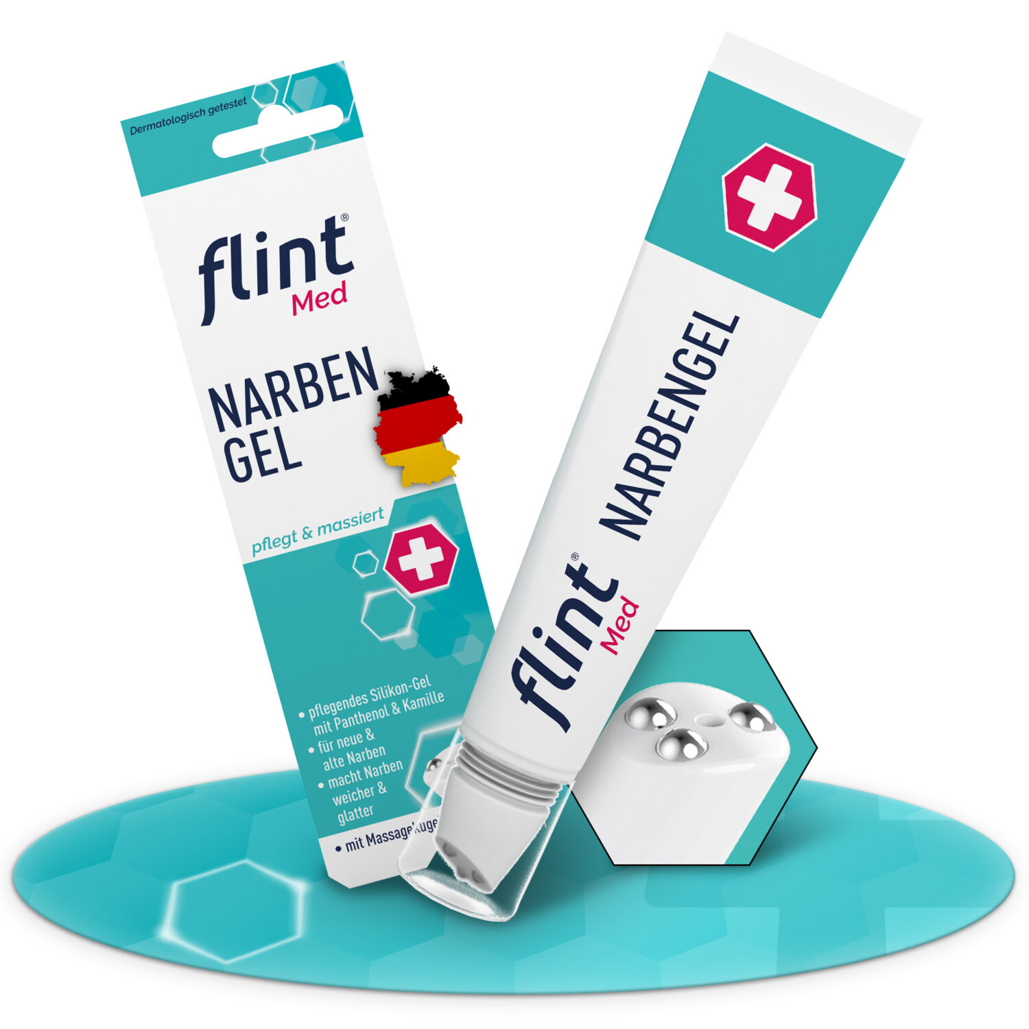 flint® Med Narbengel, 17-ml-Tube mit Massagekugelkopf und Faltschachtel