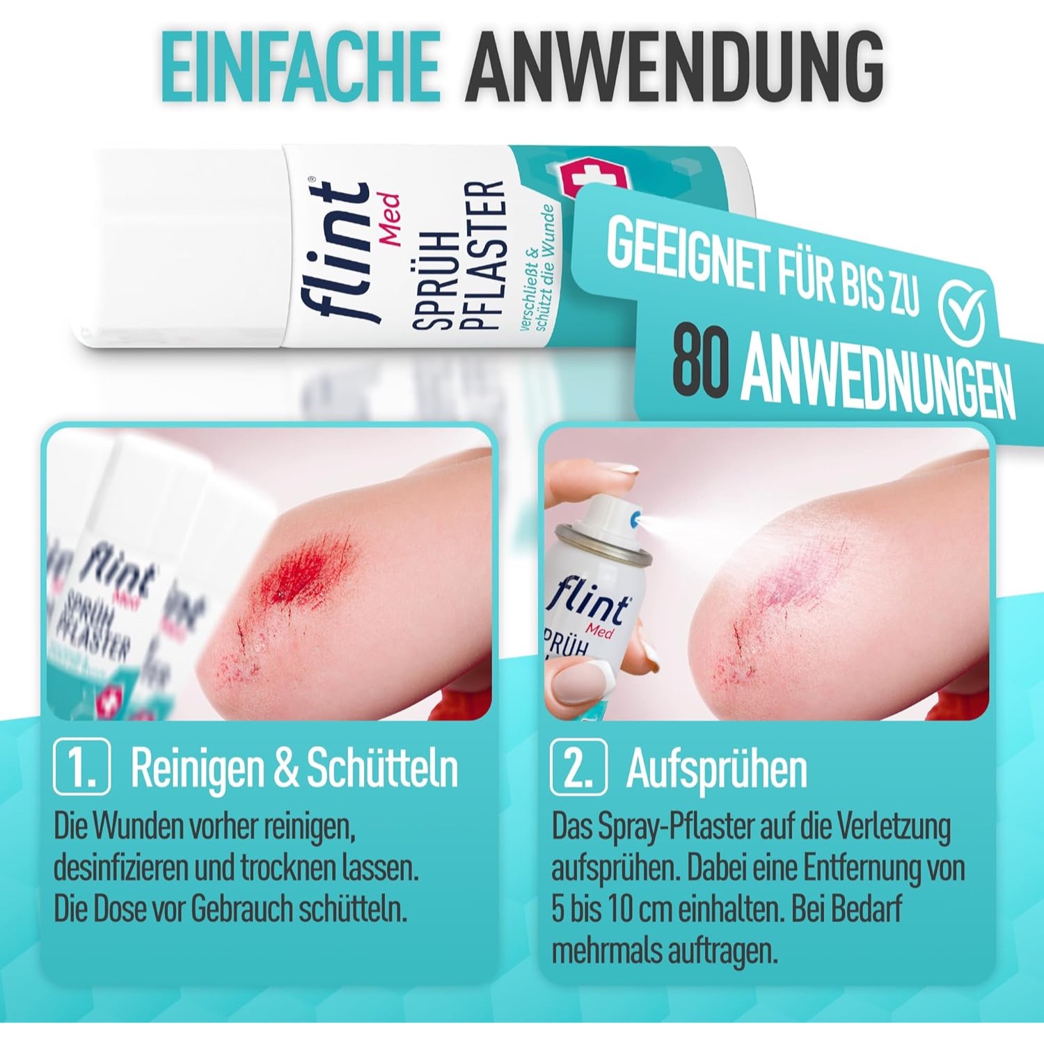Anwendung des flint® Med Sprühpflasters in zwei Schritten: Wunde reinigen und aufsprühen