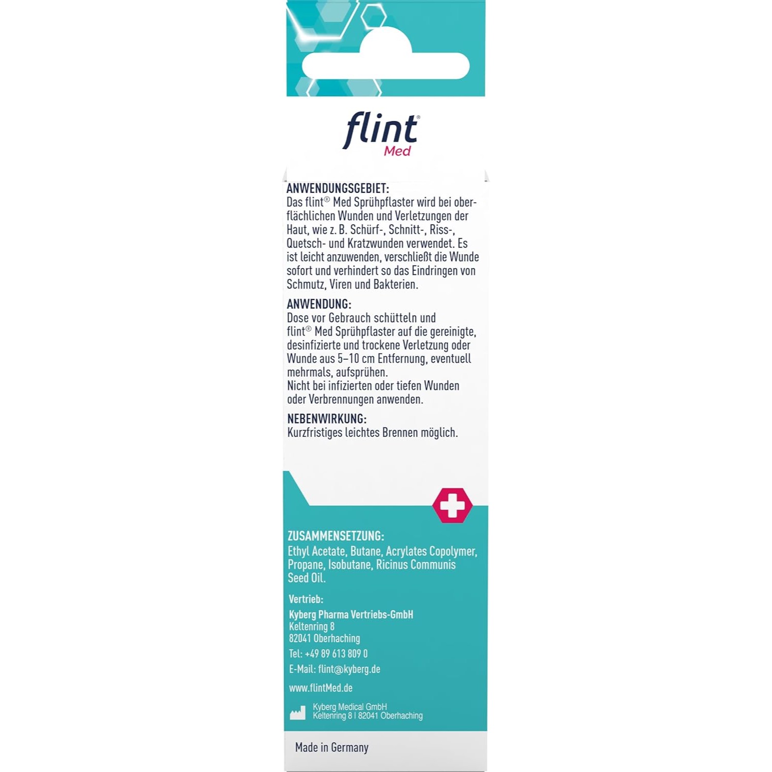 Verpackung des flint® Med Sprühpflasters mit Anwendungsgebiet und Zusammensetzung