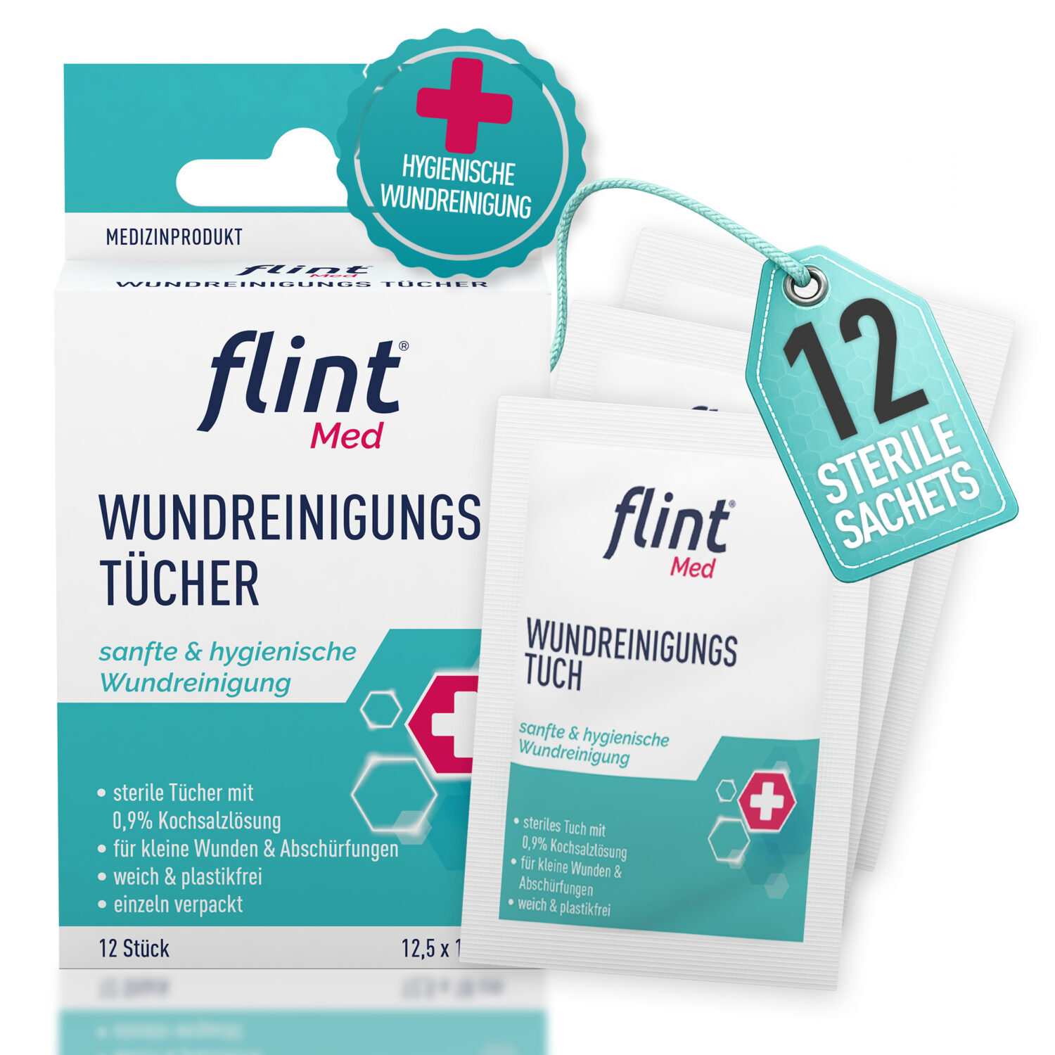 flint® Med Wundreinigungstücher, Faltschachtel mit 12 einzeln verpackten sterilen Tüchern